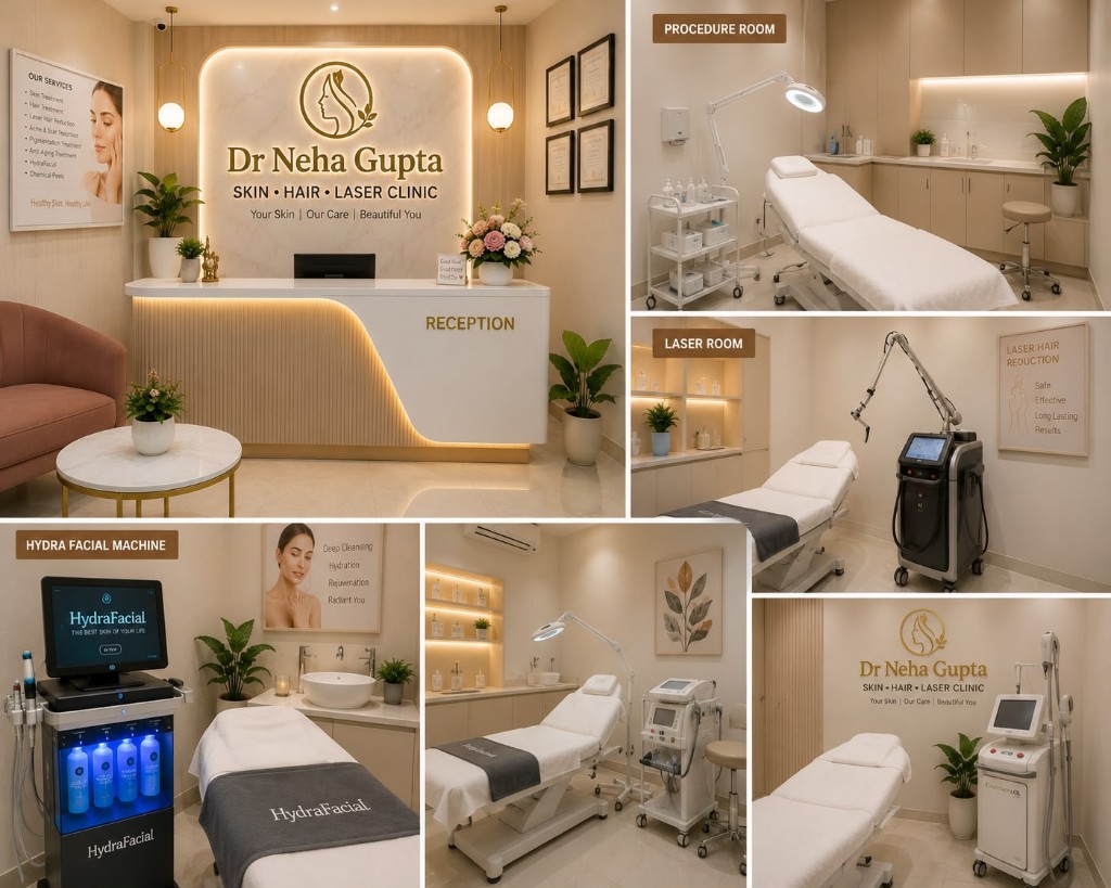 Procedure room, laser room, HydraFacial machine and treatment suites